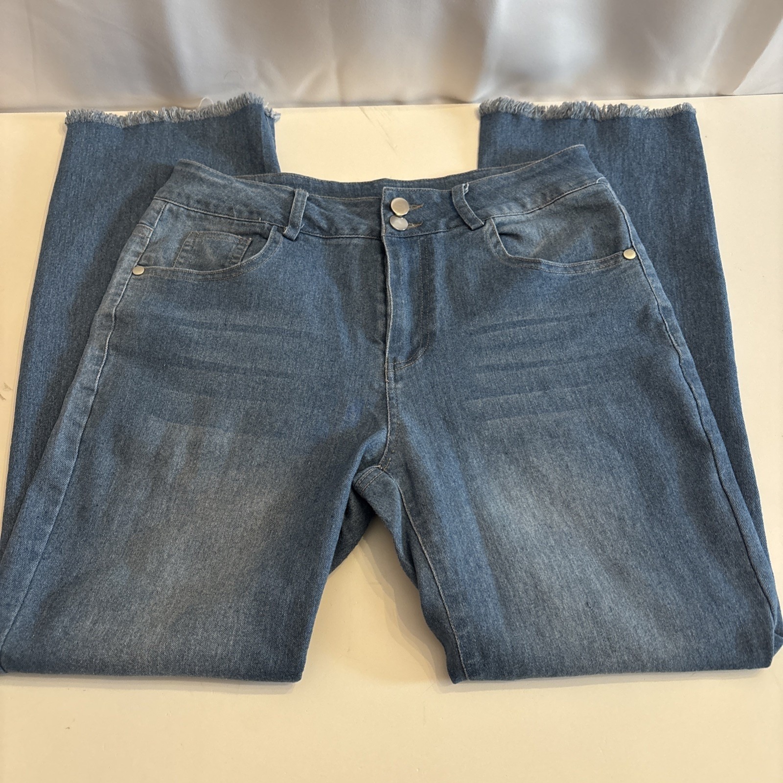 Unbranded Women's Stretch High Rise Blue Jeans Raw Hem Size L